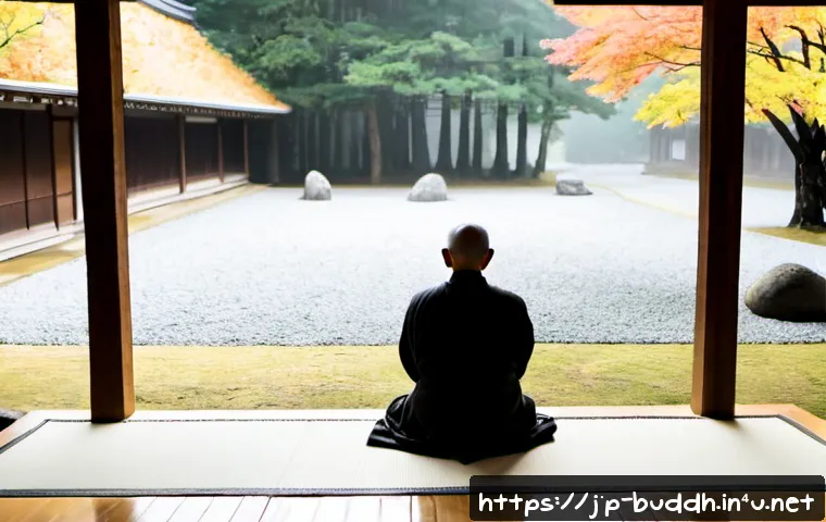 불교에서의 공 空  개념 - Photorealistic early-morning scene at a quiet Japanese Zen temple garden, an elderly Buddhist monk i...